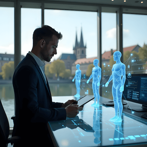 Das Bild zeigt einen Mann in einem Anzug, der in einem Büro oder Konferenzraum steht. Er betrachtet ein Tablet in seiner Hand. Vor ihm auf einem Tisch oder einer transparenten Oberfläche sind holografische Darstellungen von menschlichen Figuren zu sehen. Diese blauen, durchscheinenden Hologramme zeigen aufrecht stehende Personen in Lebensgröße. Im Hintergrund sind große Fenster zu erkennen, durch die man die Silhouette von München sehen kann. Die charakteristischen Türme der Frauenkirche sind deutlich erkennbar, ein Wahrzeichen der bayerischen Hauptstadt. Die Szene vermittelt einen interessanten Kontrast zwischen der futuristischen Technologie im Vordergrund und der historischen Stadtansicht im Hintergrund. Die Beleuchtung ist gedämpft, mit Akzentbeleuchtung von oben, was eine konzentrierte Arbeitsatmosphäre schafft. Der Gesamteindruck ist der einer fortschrittlichen, technologiegetriebenen Arbeitsumgebung in einer Stadt, die Tradition und Moderne vereint. Beratung - KI und KI Fachkräfte