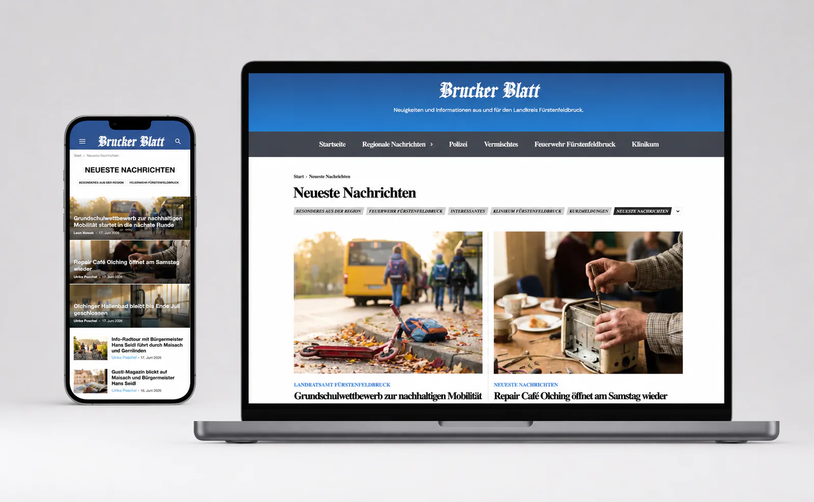 Das Lokalnachrichten-Portal Brucker Blatt auf einem Laptop und einem Smartphone