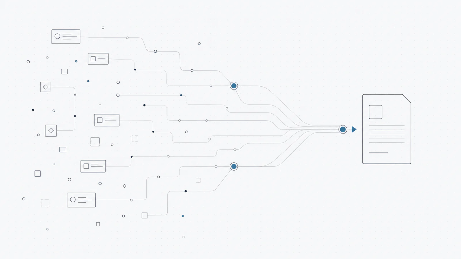 Abstrakte Linien-Grafik: viele einzelne Datenquellen laufen über einen Workflow-Pfad in ein einzelnes fertiges Angebotsdokument zusammen.