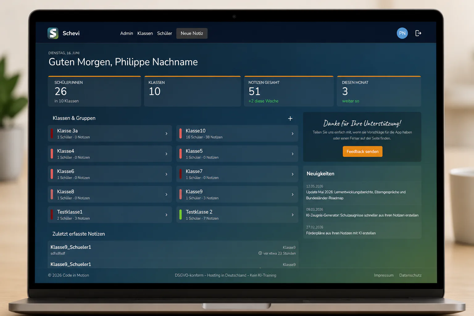 Schevi-Dashboard mit Überblick über Klassen, Schüler und Notizen