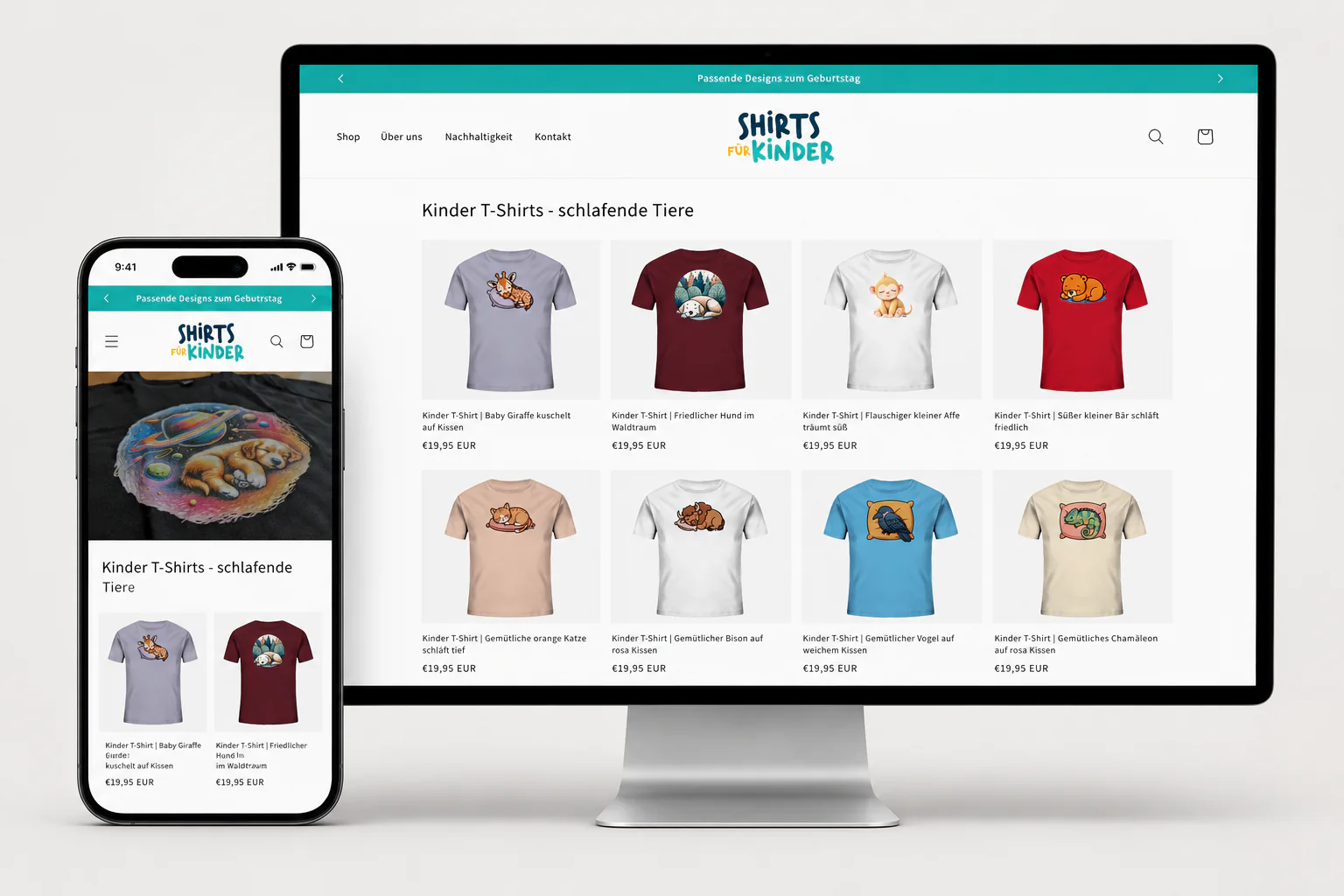 Shirts für Kinder: Shopify-Shop mit KI-erstellten Kinder-T-Shirt-Motiven auf Monitor und Smartphone